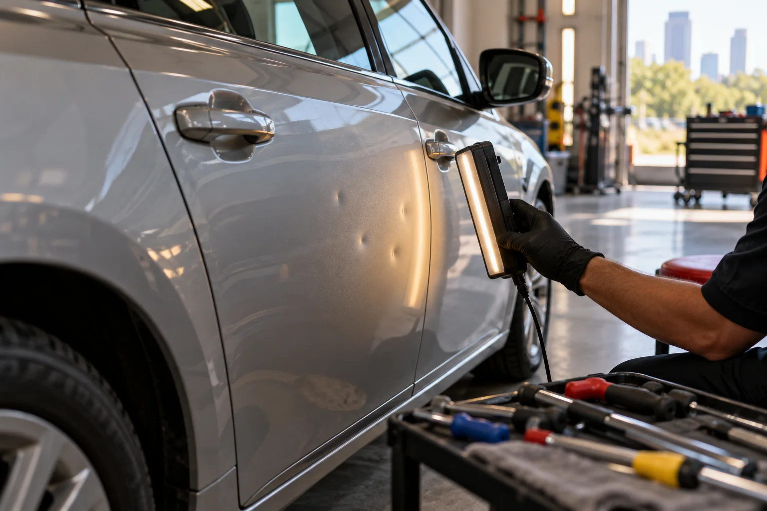 AI-created illustration of an unbranded vehicle in an automotive inspection workshop.