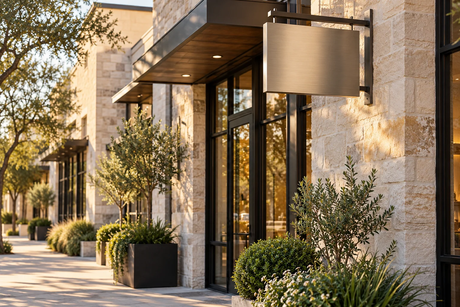 AI-created editorial illustration: A contemporary limestone retail frontage inspired by North Texas architecture with a blank brushed-metal projecting sign and discreet planting, warm afternoon light, premium architectural photography.